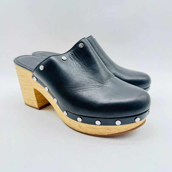 Rebecca Minkoff Shoes Womens 8.5 Black Leather Mules Studded Block Stacked Heel - Picture 2 of 13